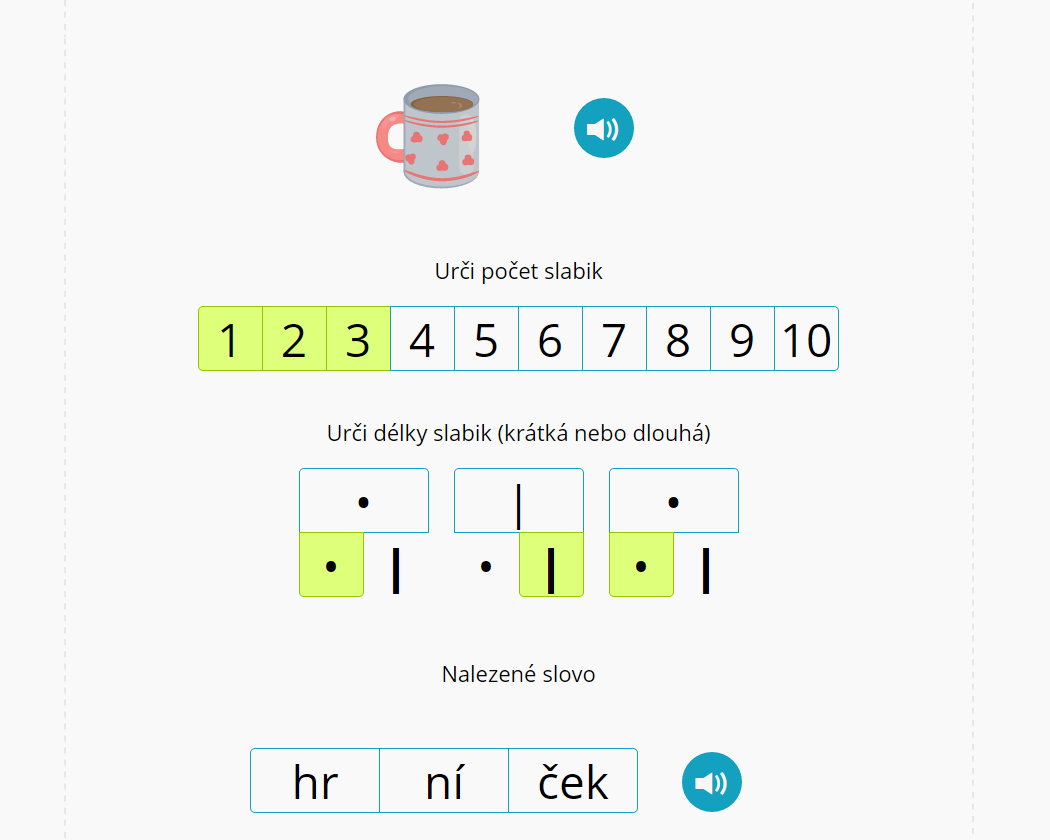 Na obrázku má dítě z číslis 1-10 vybrat tu, která odpovídá počtu slabik ve slově hrníček. Má také pro každou slabiku určit výběrem tečky nebo čárky, zda je krátká nebo dlouhá