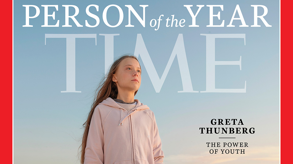 Na obrázku je obálka časopisu Time, na které je vyobrazena Greta Thunberg