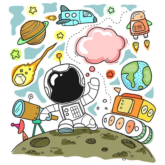 Kresba kosmonauta obklopeného planetami nápady, raketami a bagry