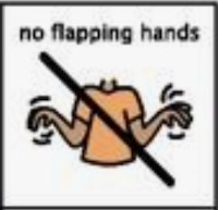 Na obrázku je piktogram třepetajících se rukou, který je přeškrtnutý. Je tam napsáno "Žádné třepaní rukama"