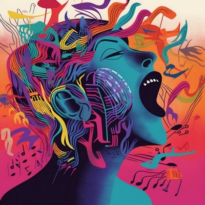 Ilustrace neurodivergentní ženy, která mluví nebo křičí a z úst jí vyletují noty a barvy