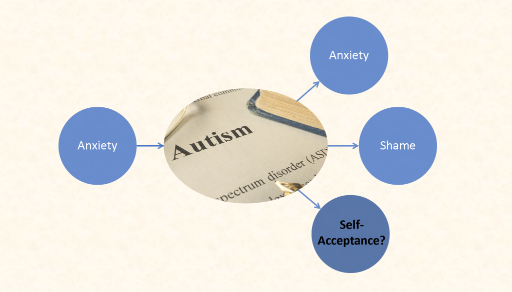 Graf ukazuje schéma, kde je úzkost, která vede k autismu, který vede k úzkosti, studu a sebepřijetí, přičemž sebepřijetí je s otazníkem.