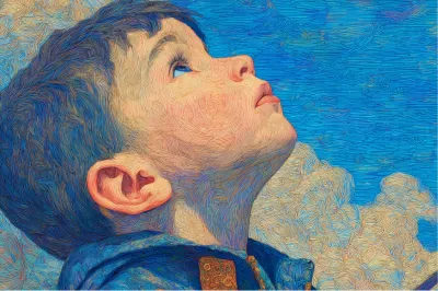 Na obrázku je podobizna obličeje malého chlapce, který kouká na nebe.